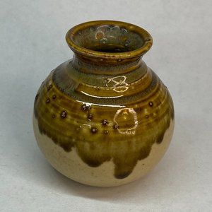 Vintage Studio Art Pottery Small Brown Tan and Cream Bulb Vase